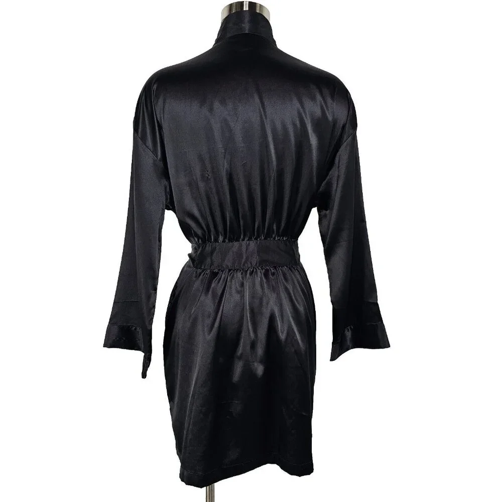 Vintage Y2K Victorias Secret Black Satin Robe One Size Short Dainty Romantic